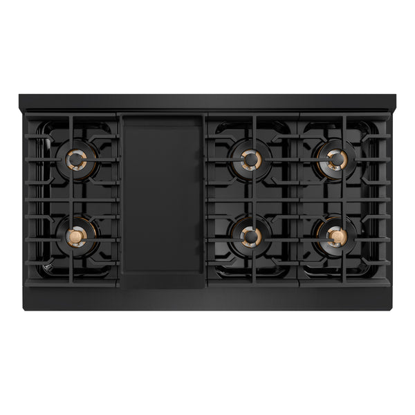 ZLINE Autograph Edition 48 in. 6.7 cu. ft. Paramount Gas Range with 8 Burner DuoPro™ Cooktop and Dual Ovens in Black Stainless Steel with Polished Gold Helix Handles and Accents (PSGRBZ-48-KG)