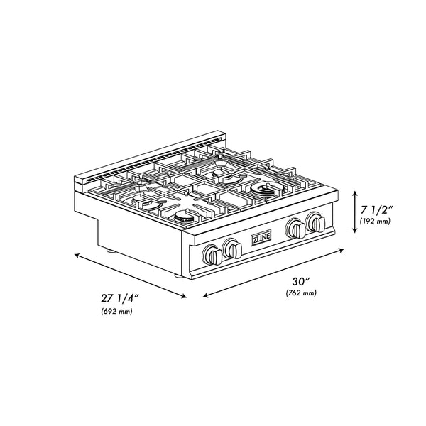 ZLINE Autograph Edition 30 in. Classic Gas Rangetop with 4 Burners and Porcelain Cooktop in Black Stainless Steel with Polished Gold Accents (RTBZ-30-G)