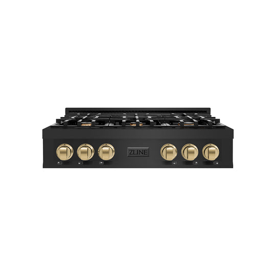 ZLINE Autograph Edition 36 in. Legacy Gas Rangetop with 6 Burners and Porcelain Cooktop in Black Stainless Steel with Champagne Bronze Accents (RTBZ-36-CB)