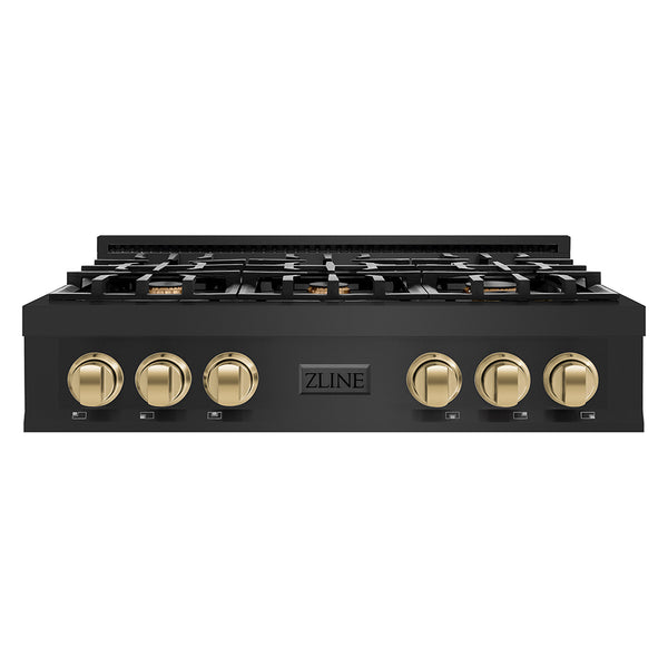 ZLINE Autograph Edition 36 in. Legacy Gas Rangetop with 6 Burners and Porcelain Cooktop in Black Stainless Steel with Champagne Bronze Accents (RTBZ-36-CB)