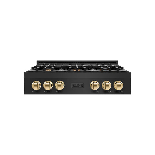 ZLINE Autograph Edition 36 in. Classic Gas Rangetop with 6 Burners and Porcelain Cooktop in Black Stainless Steel with Polished Gold Accents (RTBZ-36-G)