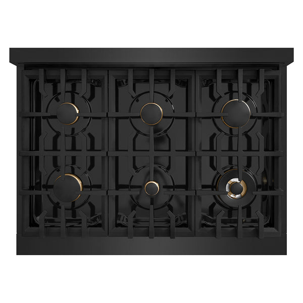 ZLINE Autograph Edition 36 in. Classic Gas Rangetop with 6 Burners and Porcelain Cooktop in Black Stainless Steel with Polished Gold Accents (RTBZ-36-G)