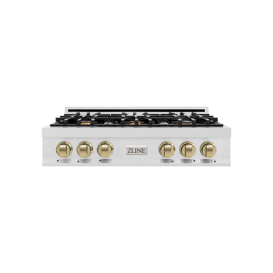 ZLINE Autograph Edition 36 in. Legacy Gas Rangetop with 6 Burners and Porcelain Cooktop in Satin Stainless Steel with Champagne Bronze Accents (RTSZ-36-CB)