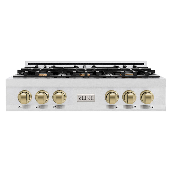ZLINE Autograph Edition 36 in. Legacy Gas Rangetop with 6 Burners and Porcelain Cooktop in Satin Stainless Steel with Champagne Bronze Accents (RTSZ-36-CB)