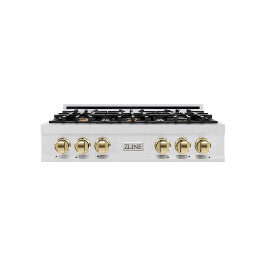 ZLINE Autograph Edition 36 in. Classic Gas Rangetop with 6 Burners and Porcelain Cooktop in Satin Stainless Steel with Polished Gold Accents (RTSZ-36-G)