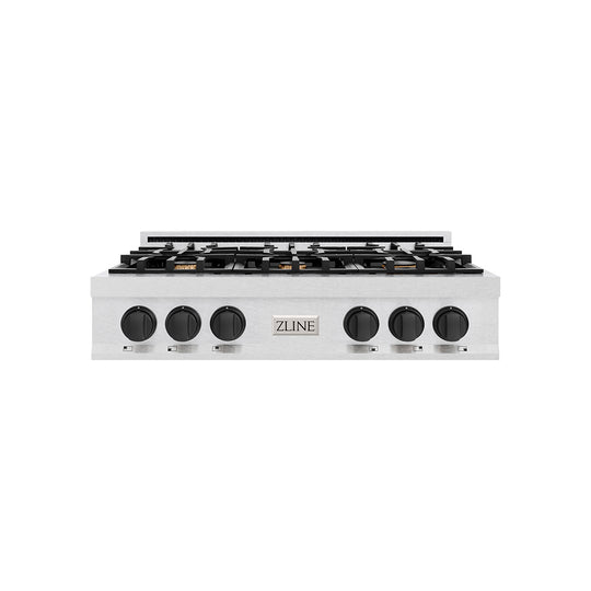 ZLINE Autograph Edition 36 in. Classic Gas Rangetop with 6 Burners and Porcelain Cooktop in Satin Stainless Steel with Matte Black Accents (RTSZ-36-MB)