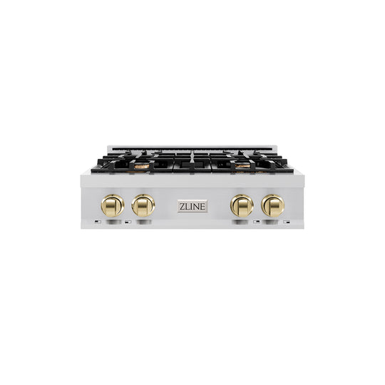 ZLINE Autograph Edition 30 in. Classic Gas Rangetop with 4 Burners and Porcelain Cooktop in Stainless Steel with Polished Gold Accents (RTZ-30-G)