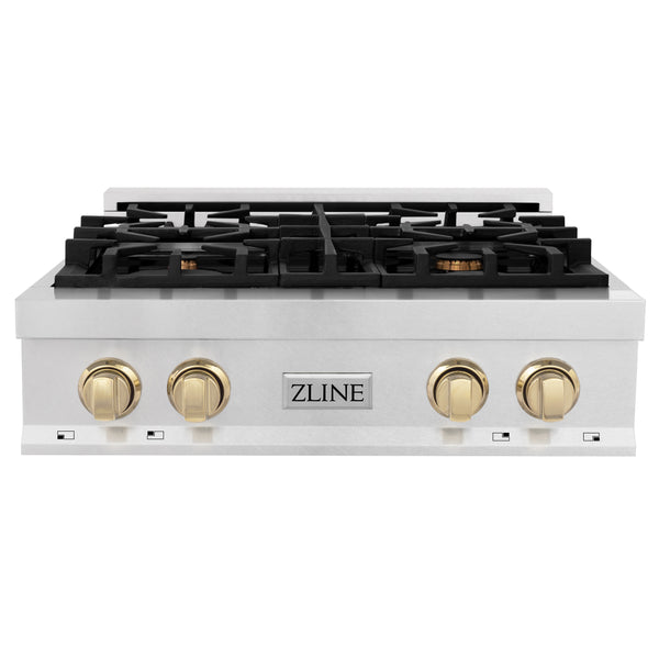 ZLINE Autograph Edition 30" Porcelain Rangetop with 4 Gas Burners in Fingerprint Resistant Stainless Steel and Polished Gold Accents (RTSZ-30-G)