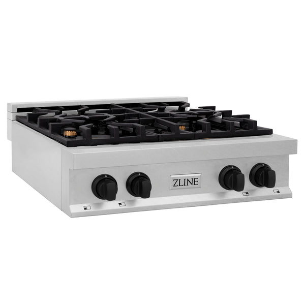 ZLINE Autograph Edition 30" Porcelain Rangetop with 4 Gas Burners in Fingerprint Resistant Stainless Steel and Matte Black Accents (RTSZ-30-MB)