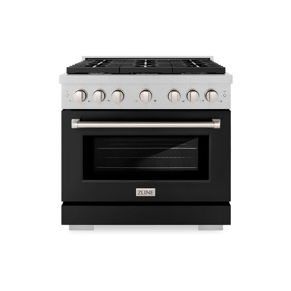 ZLINE 36 in. 5.2 cu. ft. Paramount Dual Fuel Range with 6 Burner Gas Cooktop and Electric Convection Oven in DuraSnow® Stainless Steel with Black Matte Door (SDRS-BLM-36)