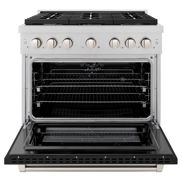 ZLINE 36 in. 5.2 cu. ft. Paramount Dual Fuel Range with 6 Burner Gas Cooktop and Electric Convection Oven in DuraSnow® Stainless Steel with Black Matte Door (SDRS-BLM-36)