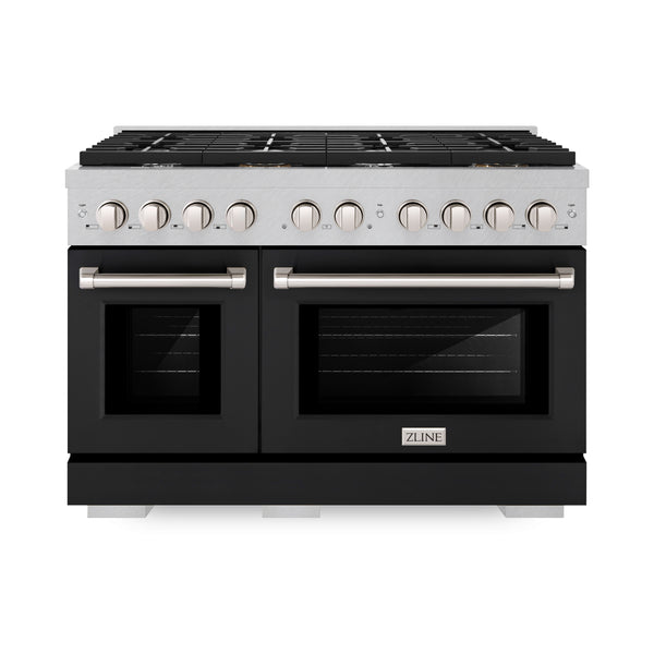 ZLINE 48 in. 6.7 cu. ft. Paramount Double Oven Dual Fuel Range with 8 Burner Gas Cooktop in DuraSnow® Stainless Steel with Black Matte Doors (SDRS-BLM-48)