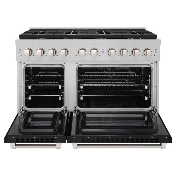 ZLINE 48 in. 6.7 cu. ft. Paramount Double Oven Dual Fuel Range with 8 Burner Gas Cooktop in DuraSnow® Stainless Steel with Black Matte Doors (SDRS-BLM-48)