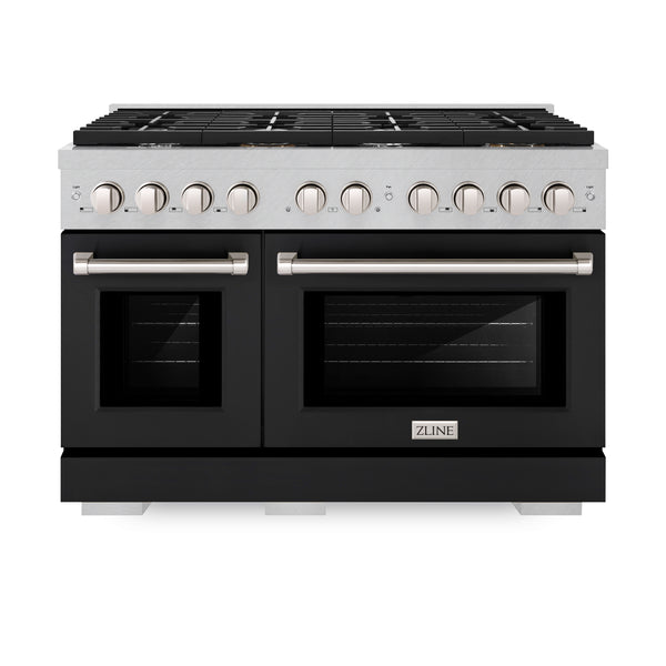 ZLINE 48 in. 6.7 cu. ft. Paramount Double Oven Gas Range with 8 Burner Cooktop in DuraSnow® Stainless Steel with Black Matte Doors (SGRS-BLM-48)