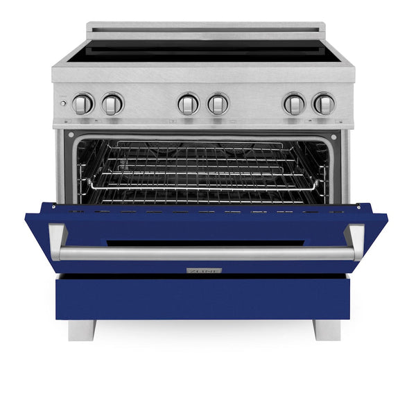 ZLINE 36 in. 4.6 cu. ft. Legacy Induction Range with 5 Element Cooktop and Electric Oven in Satin Stainless Steel and Blue Gloss Door, Open Box-Good Condition