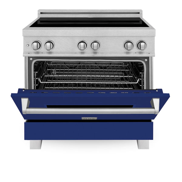 ZLINE 36 in. 4.6 cu. ft. Legacy Induction Range with 5 Element Cooktop and Electric Oven in Satin Stainless Steel and Blue Gloss Door, Open Box-Great Condition
