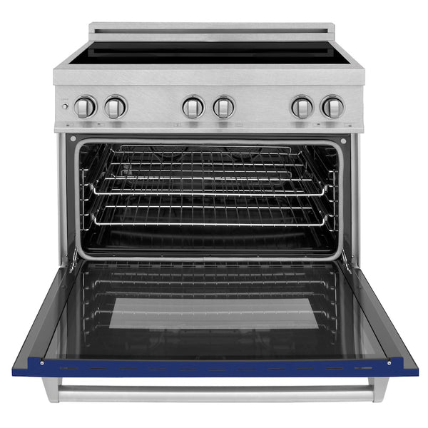 ZLINE 36 in. 4.6 cu. ft. Legacy Induction Range with 5 Element Cooktop and Electric Oven in Satin Stainless Steel and Blue Gloss Door, Open Box-Great Condition