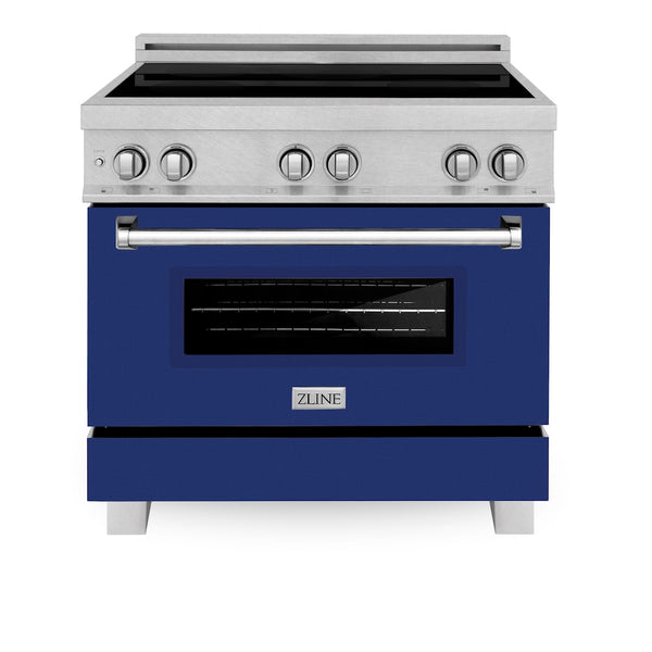 ZLINE 36 in. 4.6 cu. ft. Legacy Induction Range with 5 Element Cooktop and Electric Oven in Satin Stainless Steel and Blue Gloss Door, Open Box-Great Condition