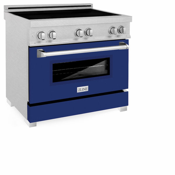 ZLINE 36 in. 4.6 cu. ft. Legacy Induction Range with 5 Element Cooktop and Electric Oven in Satin Stainless Steel and Blue Gloss Door, Open Box-Great Condition