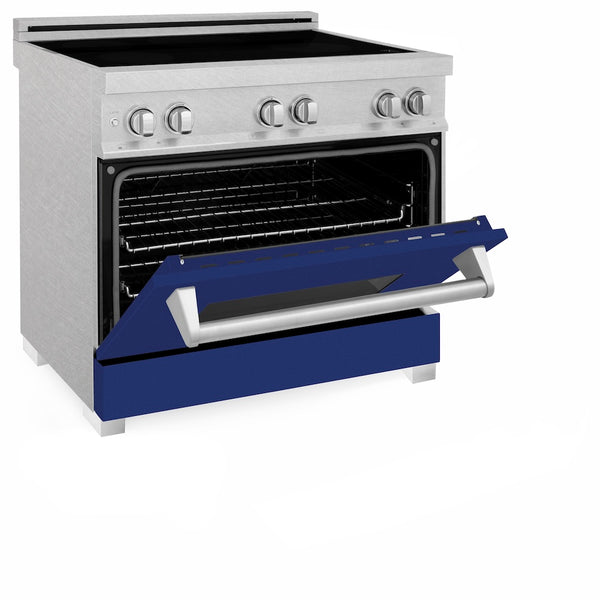 ZLINE 36 in. 4.6 cu. ft. Legacy Induction Range with 5 Element Cooktop and Electric Oven in Satin Stainless Steel and Blue Gloss Door, Open Box-Great Condition