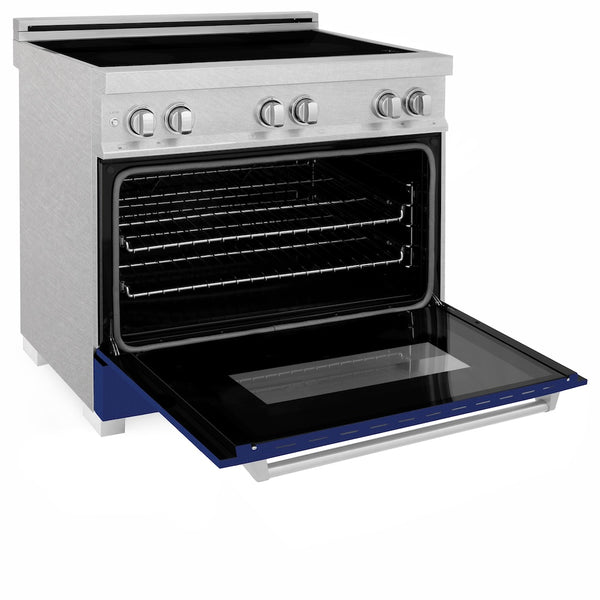 ZLINE 36 in. 4.6 cu. ft. Legacy Induction Range with 5 Element Cooktop and Electric Oven in Satin Stainless Steel and Blue Gloss Door, Open Box-Great Condition