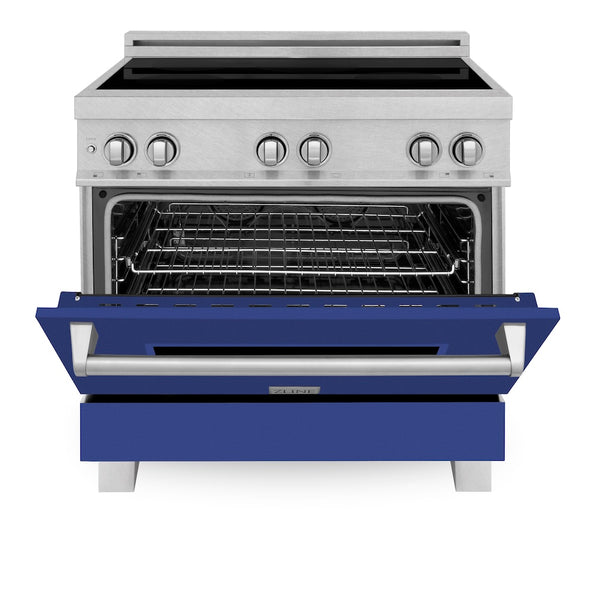 ZLINE 36 in. 4.6 cu. ft. Legacy Induction Range with 5 Element Cooktop and Electric Oven in Satin Stainless Steel and Blue Matte Door, Open Box-Great Condition