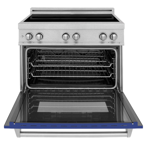 ZLINE 36 in. 4.6 cu. ft. Legacy Induction Range with 5 Element Cooktop and Electric Oven in Satin Stainless Steel and Blue Matte Door, Open Box-Great Condition