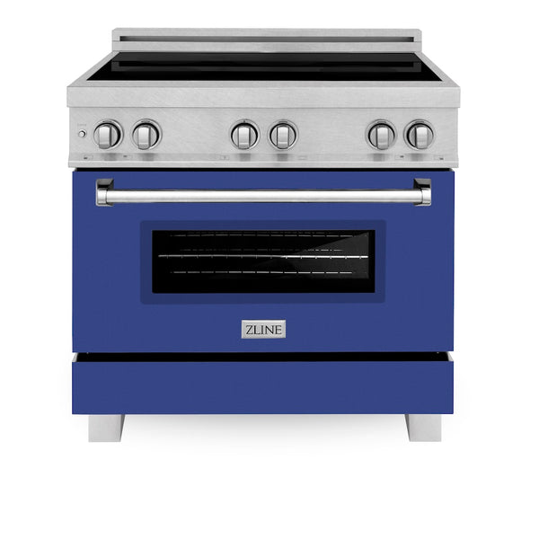 ZLINE 36 in. 4.6 cu. ft. Legacy Induction Range with 5 Element Cooktop and Electric Oven in Satin Stainless Steel and Blue Matte Door, Open Box-Great Condition