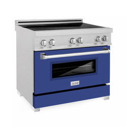 ZLINE 36 in. 4.6 cu. ft. Legacy Induction Range with 5 Element Cooktop and Electric Oven in Satin Stainless Steel and Blue Matte Door, Open Box-Great Condition