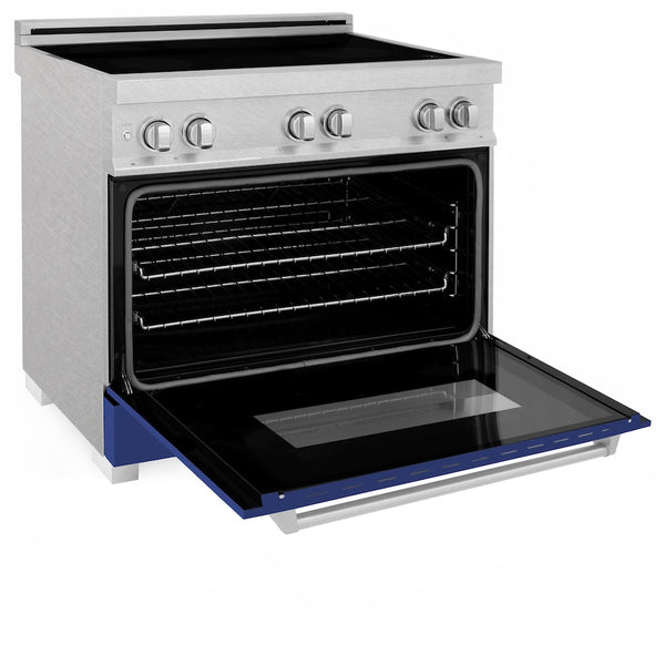 ZLINE 36 in. 4.6 cu. ft. Legacy Induction Range with 5 Element Cooktop and Electric Oven in Satin Stainless Steel and Blue Matte Door, Open Box-Great Condition
