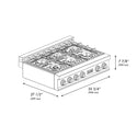 ZLINE 36 in. Porcelain Rangetop in DuraSnow® Stainless Steel with 6 Gas Brass Burners (RTS-BR-36) dimensional diagram with measurements.