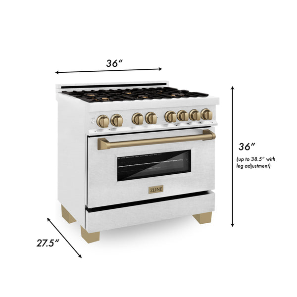 ZLINE Autograph Edition 36 in. 4.6 cu. ft. Legacy Dual Fuel Range with 6 Burner Gas Cooktop and Electric Convection Oven in Satin Stainless Steel and Champagne Bronze Accents, Open Box-Great Condition