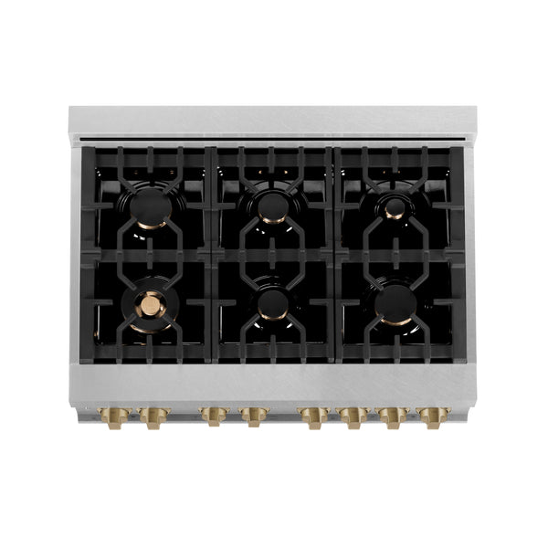 ZLINE Autograph Edition 36 in. 4.6 cu. ft. Legacy Dual Fuel Range with 6 Burner Gas Cooktop and Electric Convection Oven in Satin Stainless Steel and Champagne Bronze Accents, Open Box-Great Condition