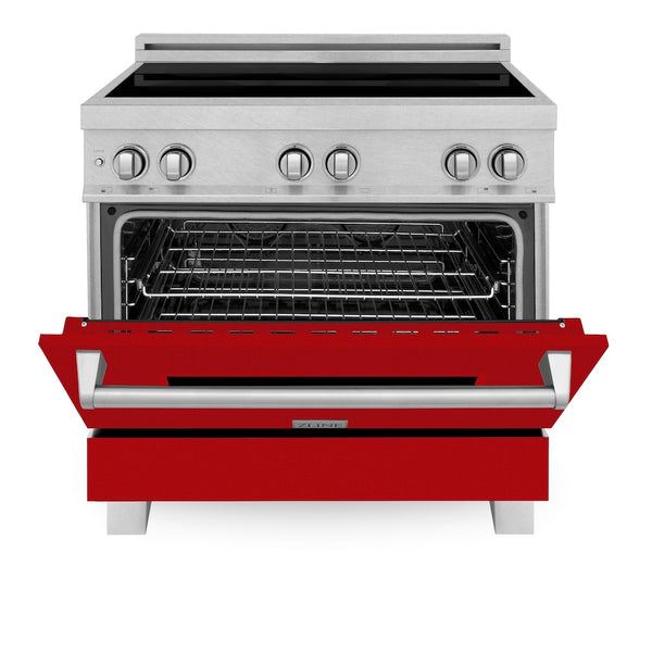 ZLINE 36 in. 4.6 cu. ft. Legacy Induction Range with 5 Element Cooktop and Electric Oven in Satin Stainless Steel and Red Gloss Door, Open Box-Great Condition