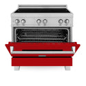 ZLINE 36 in. 4.6 cu. ft. Legacy Induction Range with 5 Element Cooktop and Electric Oven in Satin Stainless Steel and Red Gloss Door, Open Box-Good Condition