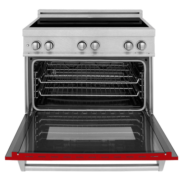 ZLINE 36 in. 4.6 cu. ft. Legacy Induction Range with 5 Element Cooktop and Electric Oven in Satin Stainless Steel and Red Gloss Door, Open Box-Good Condition