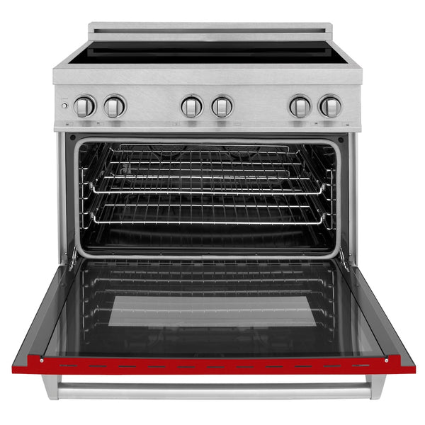 ZLINE 36 in. 4.6 cu. ft. Legacy Induction Range with 5 Element Cooktop and Electric Oven in Satin Stainless Steel and Red Gloss Door, Open Box-Great Condition