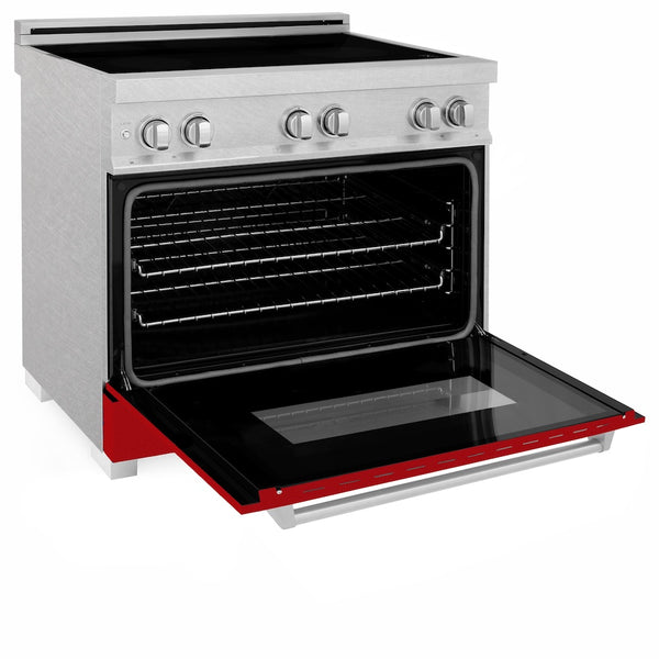 ZLINE 36 in. 4.6 cu. ft. Legacy Induction Range with 5 Element Cooktop and Electric Oven in Satin Stainless Steel and Red Gloss Door, Open Box-Great Condition