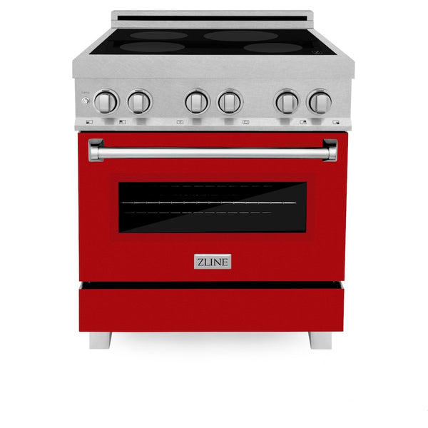 ZLINE 30 in. 4.0 cu. ft. Legacy Induction Range with 4 Element Cooktop and Electric Oven in Satin Stainless Steel and Red Gloss Door, Open Box-Great Condition