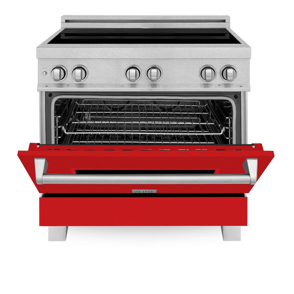 ZLINE 36 in. 4.6 cu. ft. Legacy Induction Range with 5 Element Cooktop and Electric Oven in Satin Stainless Steel and Red Matte Door, Open Box-Great Condition