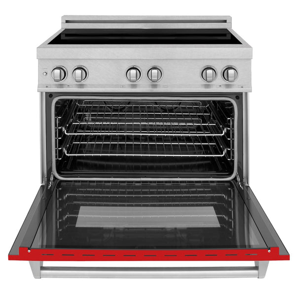 ZLINE 36 in. 4.6 cu. ft. Legacy Induction Range with 5 Element Cooktop and Electric Oven in Satin Stainless Steel and Red Matte Door, Open Box-Great Condition