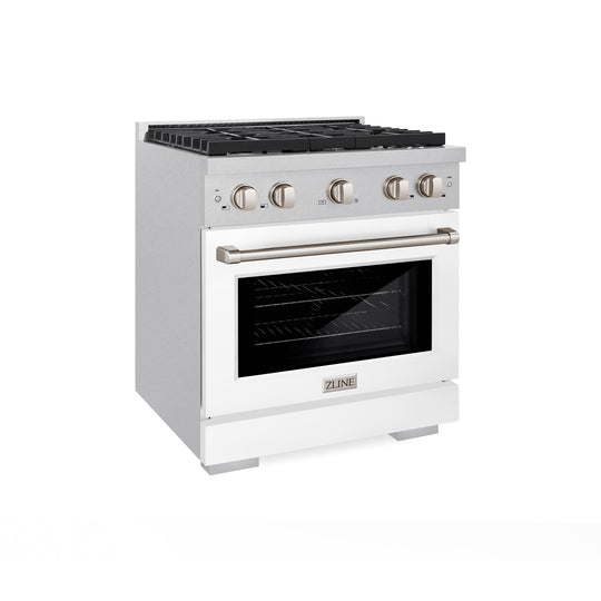 ZLINE 30 in. 4.2 cu. ft. Paramount Dual Fuel Range with 4 Burner Gas Cooktop and Electric Convection Oven in Satin Stainless Steel with White Matte Door (SDRS-WM-30)