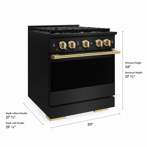 ZLINE Autograph Edition 30 in. 4.2 cu. ft. Marino Dual Fuel Range with 4 Burner Gas Cooktop and Electric Convection Oven in Black Stainless Steel with Polished Gold Accents (MDRBZ-30-G)