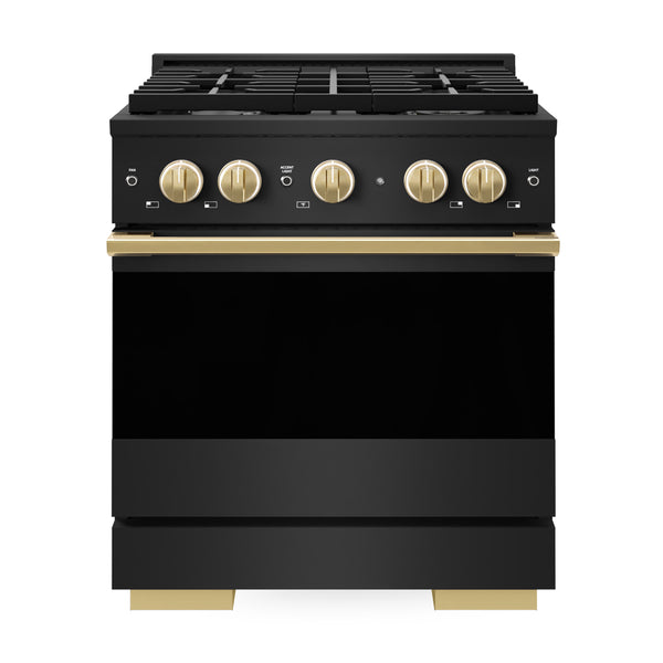 ZLINE Autograph Edition 30 in. 4.2 cu. ft. Marino Dual Fuel Range with 4 Burner Gas Cooktop and Electric Convection Oven in Black Stainless Steel with Polished Gold Accents (MDRBZ-30-G)