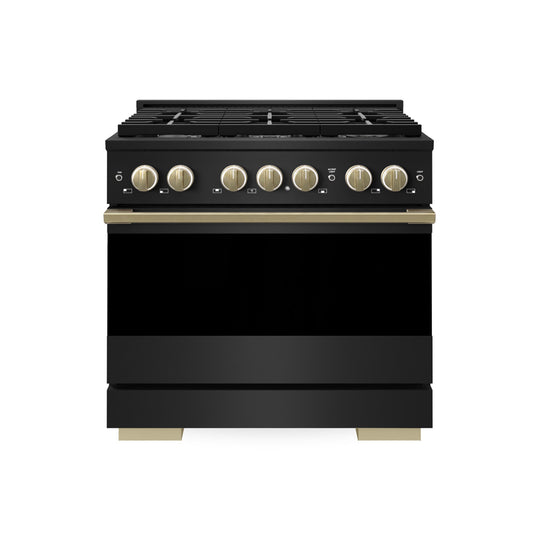 ZLINE Autograph Edition 36 in. 5.2 cu. ft. Marino Dual Fuel Range with 6 Burner Gas Cooktop and Electric Convection Oven in Black Stainless Steel with Champagne Bronze Accents (MDRBZ-36-CB)