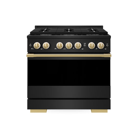 ZLINE Autograph Edition 36 in. 5.2 cu. ft. Marino Dual Fuel Range with 6 Burner Gas Cooktop and Electric Convection Oven in Black Stainless Steel with Polished Gold Accents (MDRBZ-36-G)