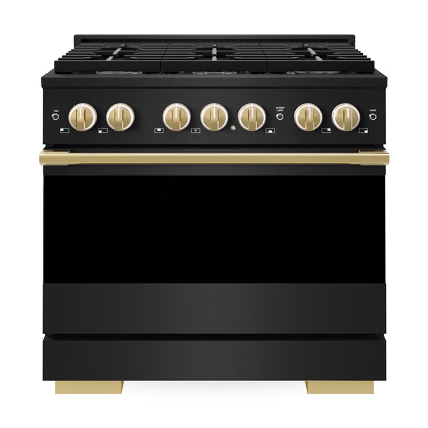 ZLINE Autograph Edition 36 in. 5.2 cu. ft. Marino Dual Fuel Range with 6 Burner Gas Cooktop and Electric Convection Oven in Black Stainless Steel with Polished Gold Accents (MDRBZ-36-G)