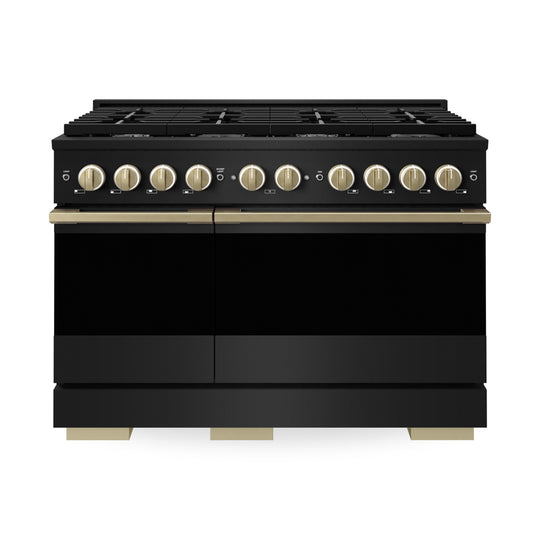 ZLINE Autograph Edition 48 in. 6.7 cu. ft. Marino Double Oven Dual Fuel Range with 8 Burner Gas Cooktop in Black Stainless Steel and Champagne Bronze Accents (MDRBZ-48-CB)