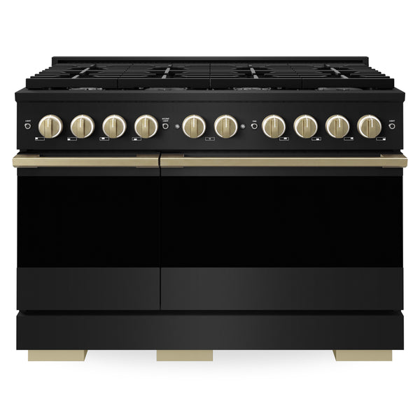 ZLINE Autograph Edition 48 in. 6.7 cu. ft. Marino Double Oven Dual Fuel Range with 8 Burner Gas Cooktop in Black Stainless Steel and Champagne Bronze Accents (MDRBZ-48-CB)