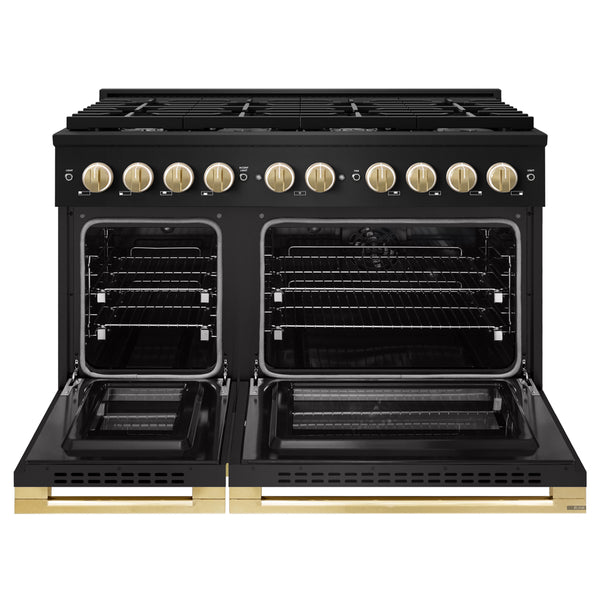 ZLINE Autograph Edition 48 in. 6.7 cu. ft. Marino Double Oven Dual Fuel Range with 8 Burner Gas Cooktop in Black Stainless Steel and Polished Gold Accents (MDRBZ-48-G)